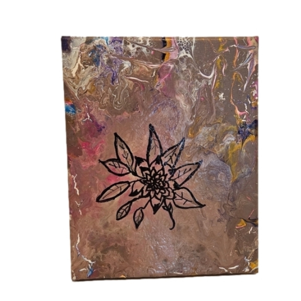 Hand Crafted Pink Floral Wall Decor Black Flower Upcycled Canvas